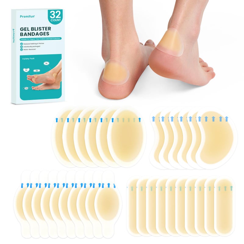 Promifun Hydrocolloid Gel Blister Bandages Pads - (Variety Pack) Promifun 32ct Waterproof Adhesive Blisters Bandages - Blister Pads for Heel  Foot  Toe  Feet - Gel Blister Chshions for Prevention & Recovery - Image 1